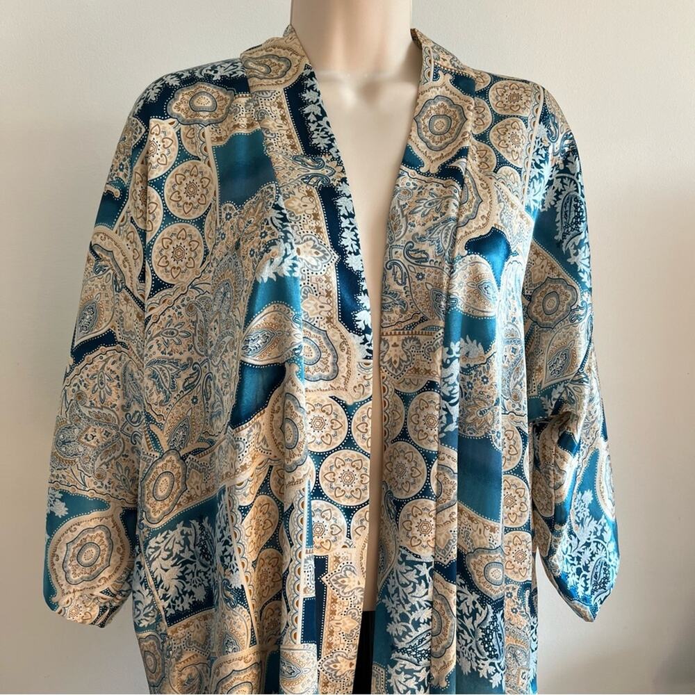 Vintage Satin Robe Inner Most Teal Blue Tan Geometric Mandala Style Pattern - Picture 3 of 7